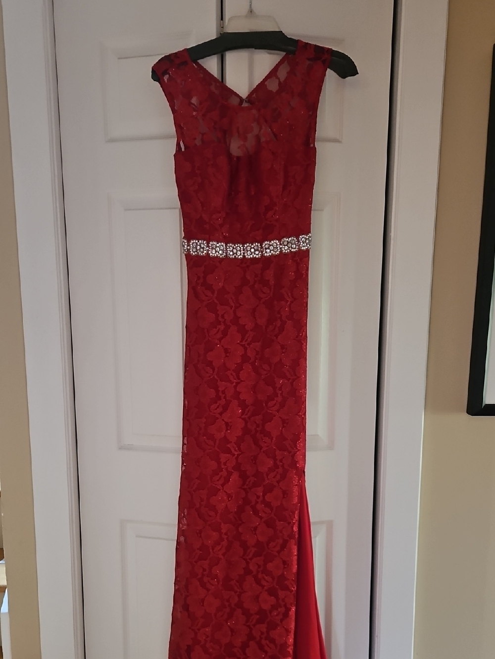 City Triangles Red Lace Evening Gown with Beaded Waistband